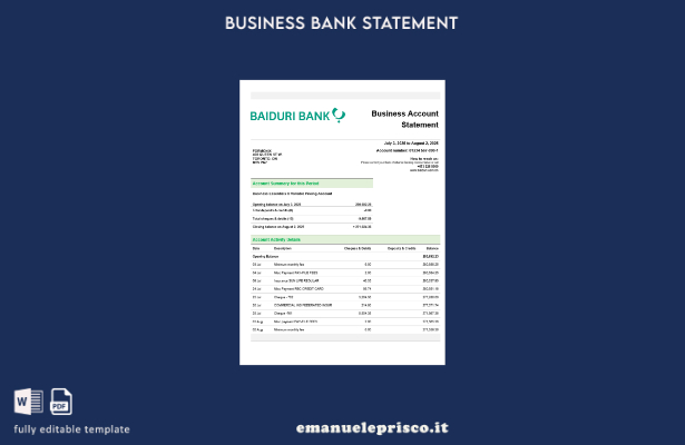 stile verificato Estratto conto aziendale Baiduri Bank Modello Word e PDF